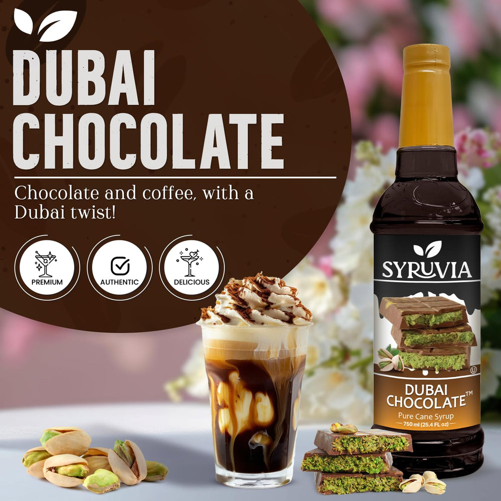SYRUVIA close-up of label highlighting Dubai Chocolate flavor and quality manufacturing benefits