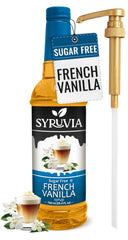 SYRUVIA front bottle view showing French vanilla flavor and benefit of sugar free syrup