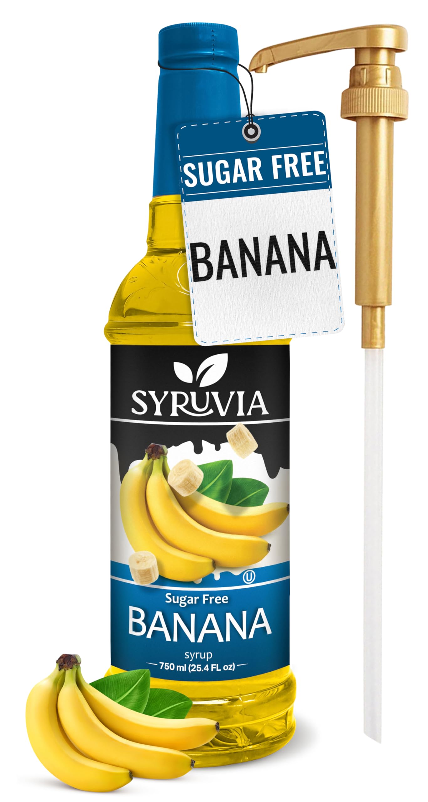 SYRUVIA front label shot showing banana flavor and pump for easy pouring benefit