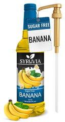 SYRUVIA front label shot showing banana flavor and pump for easy pouring benefit