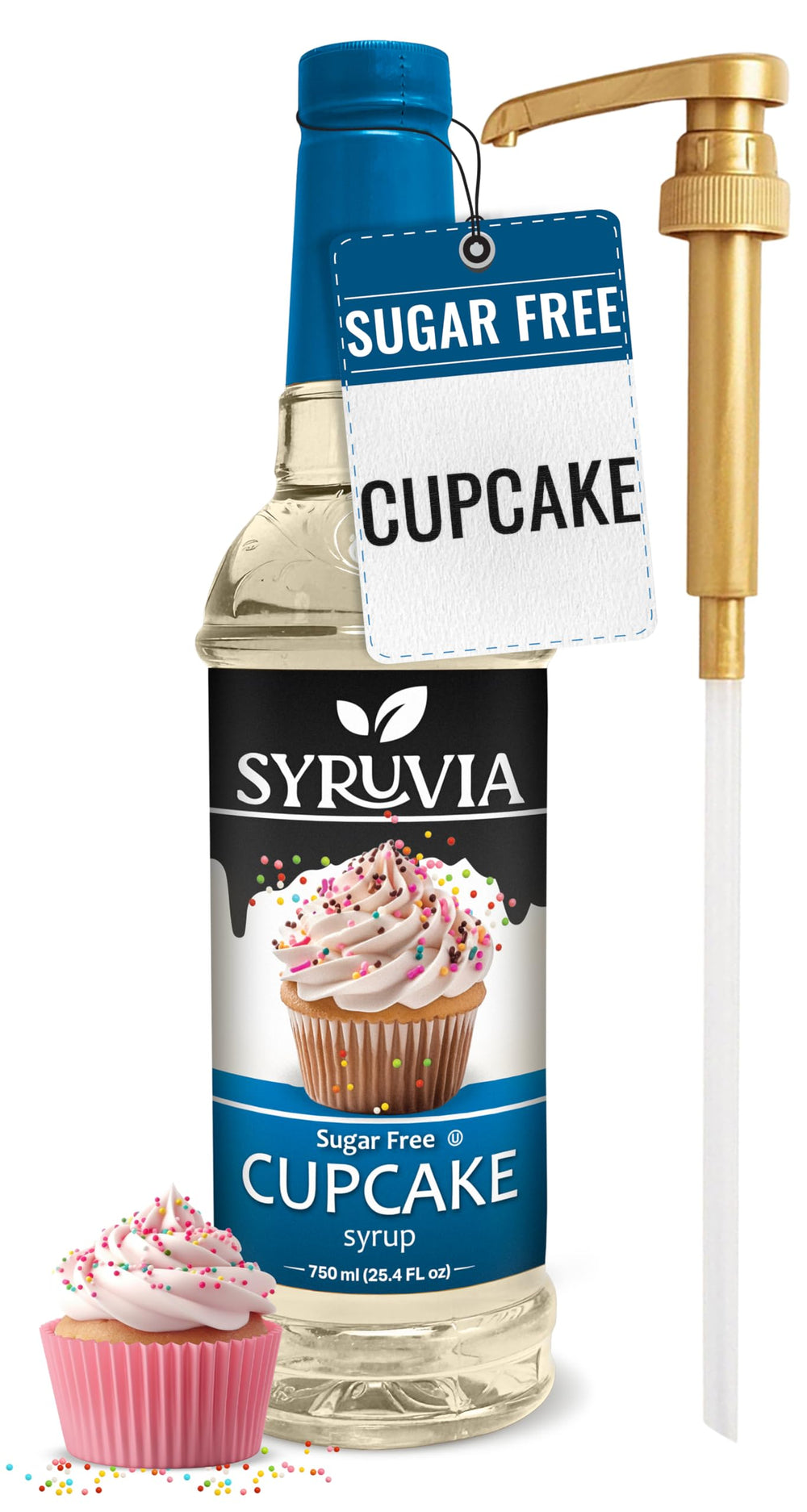 SYRUVIA front label showing cupcake flavor and pump for accurate servings