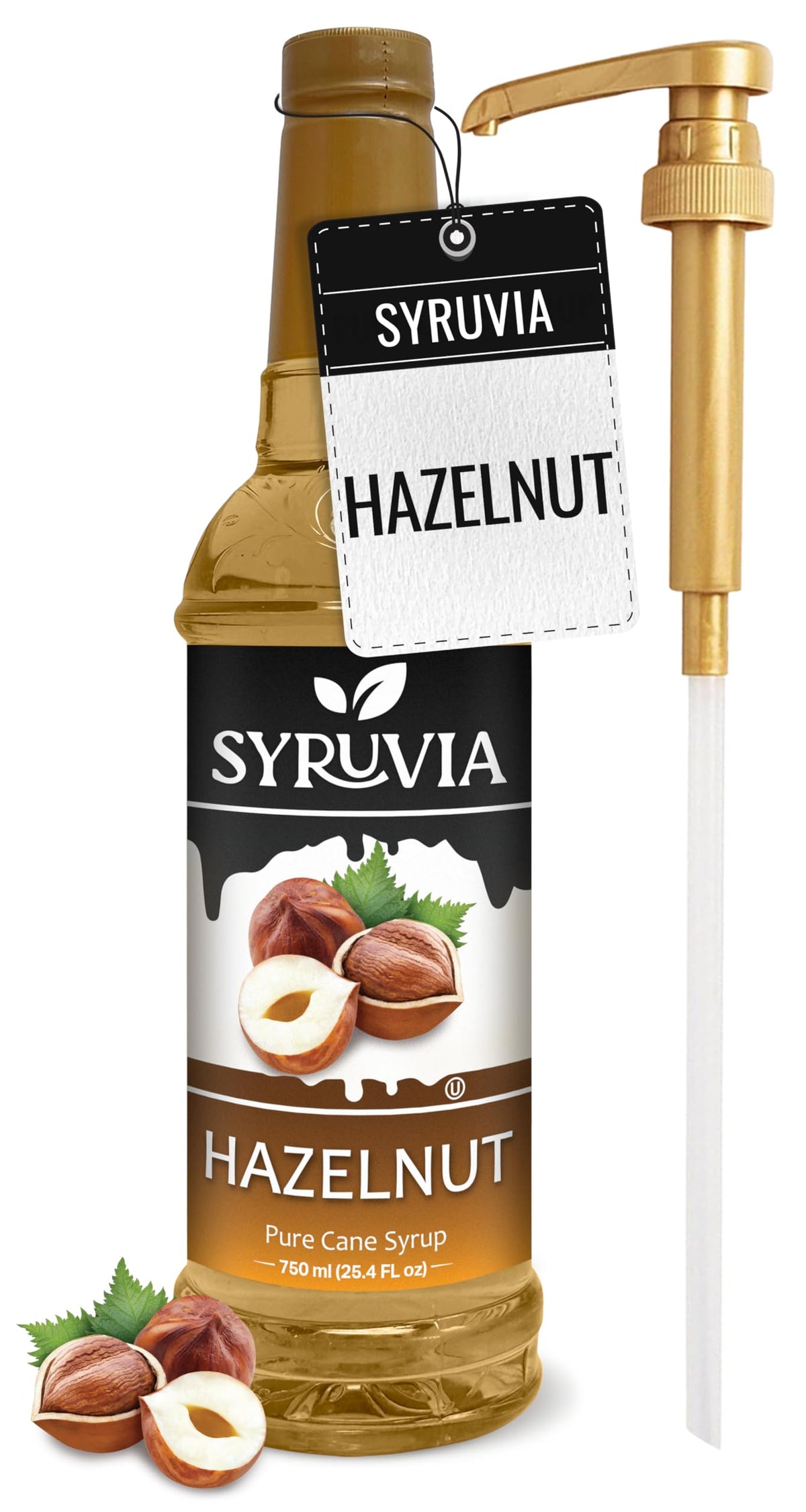 SYRUVIA front label showing hazelnut flavor and pump for easy identification and use
