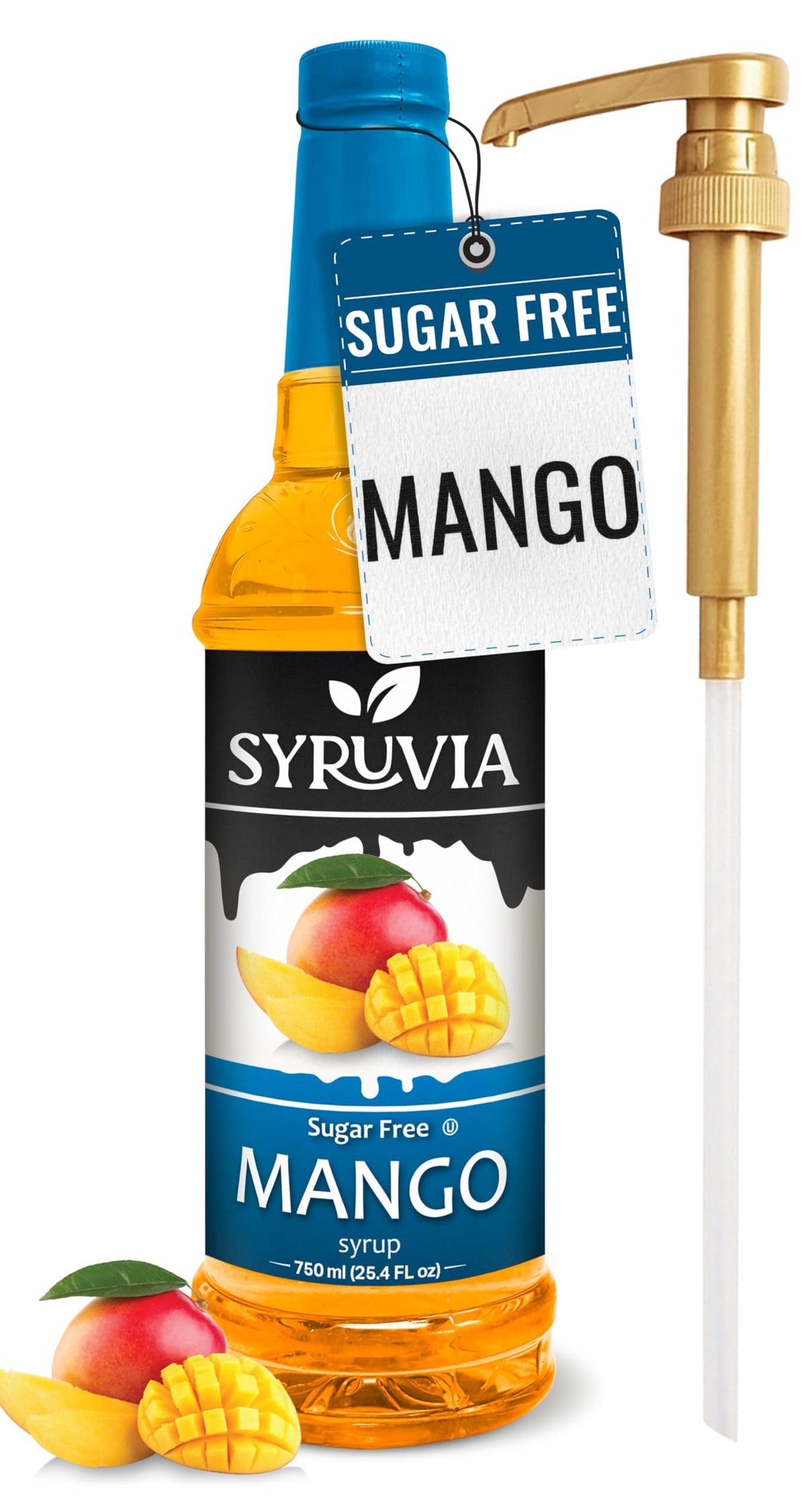SYRUVIA front label showing mango flavor and pump for quick identification and use