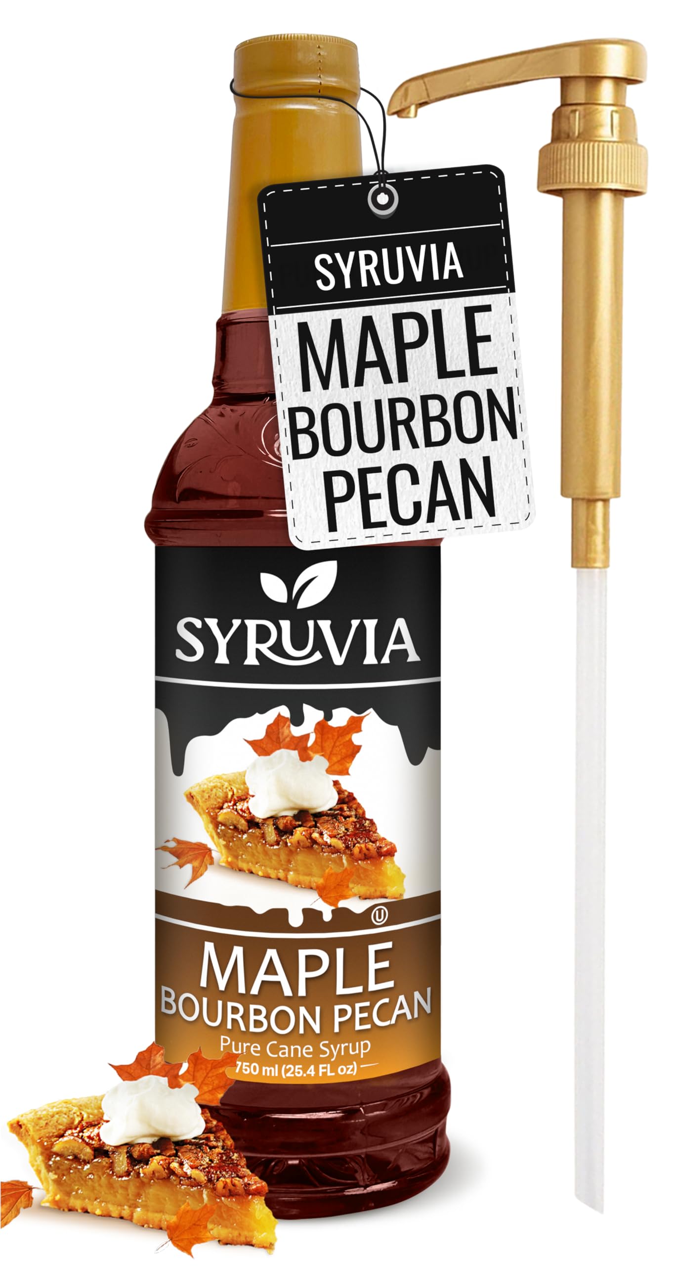 SYRUVIA front label showing maple bourbon pecan flavor and bold branding for quick recognition