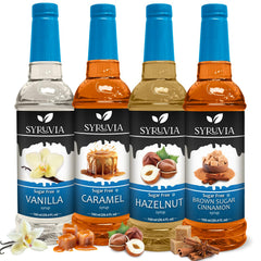 SYRUVIA front pack showing four bottles and flavor variety for convenience