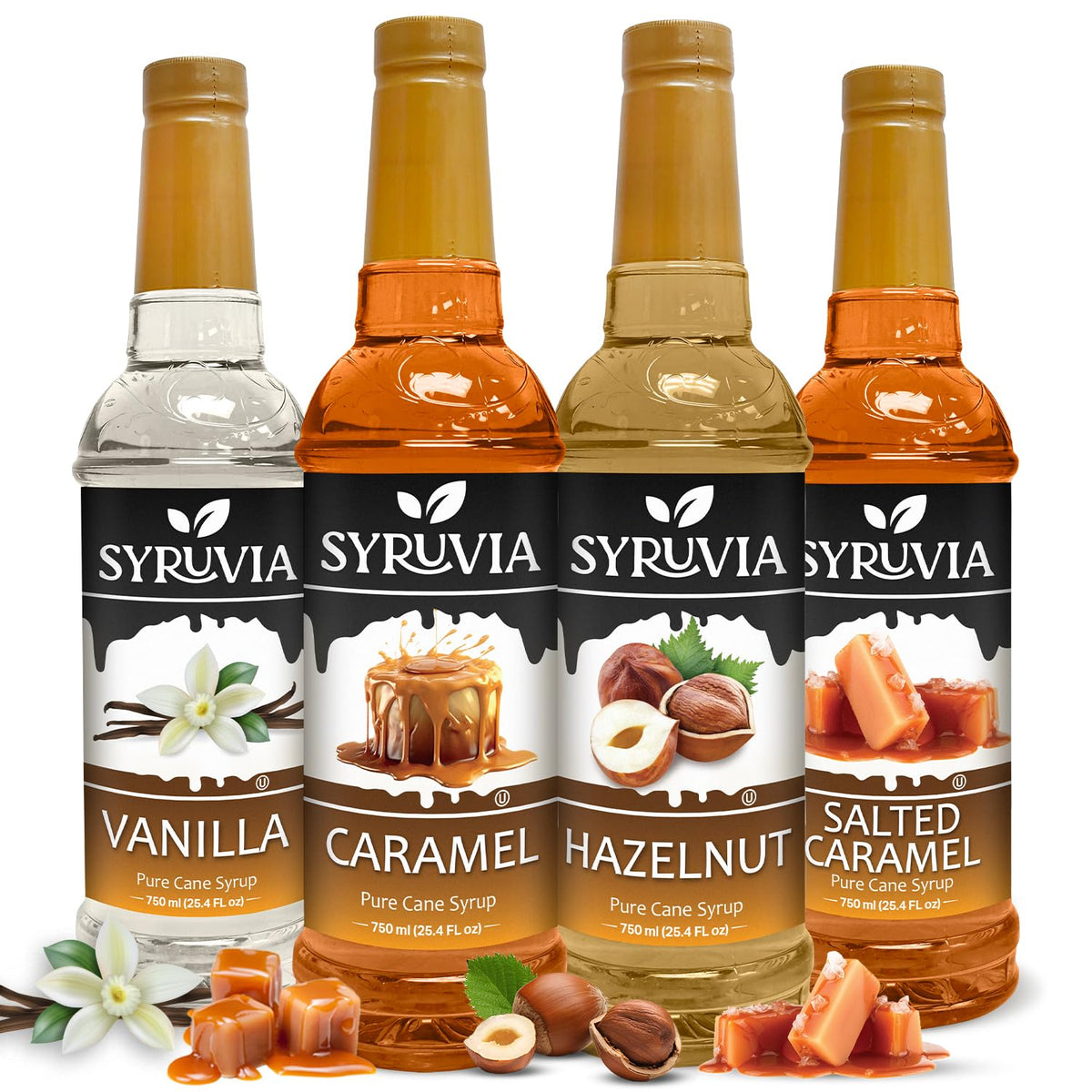 SYRUVIA front packaging showing four bottled flavors and variety convenience