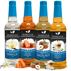 SYRUVIA front packaging variety pack showing all four sugar free bottles for convenience