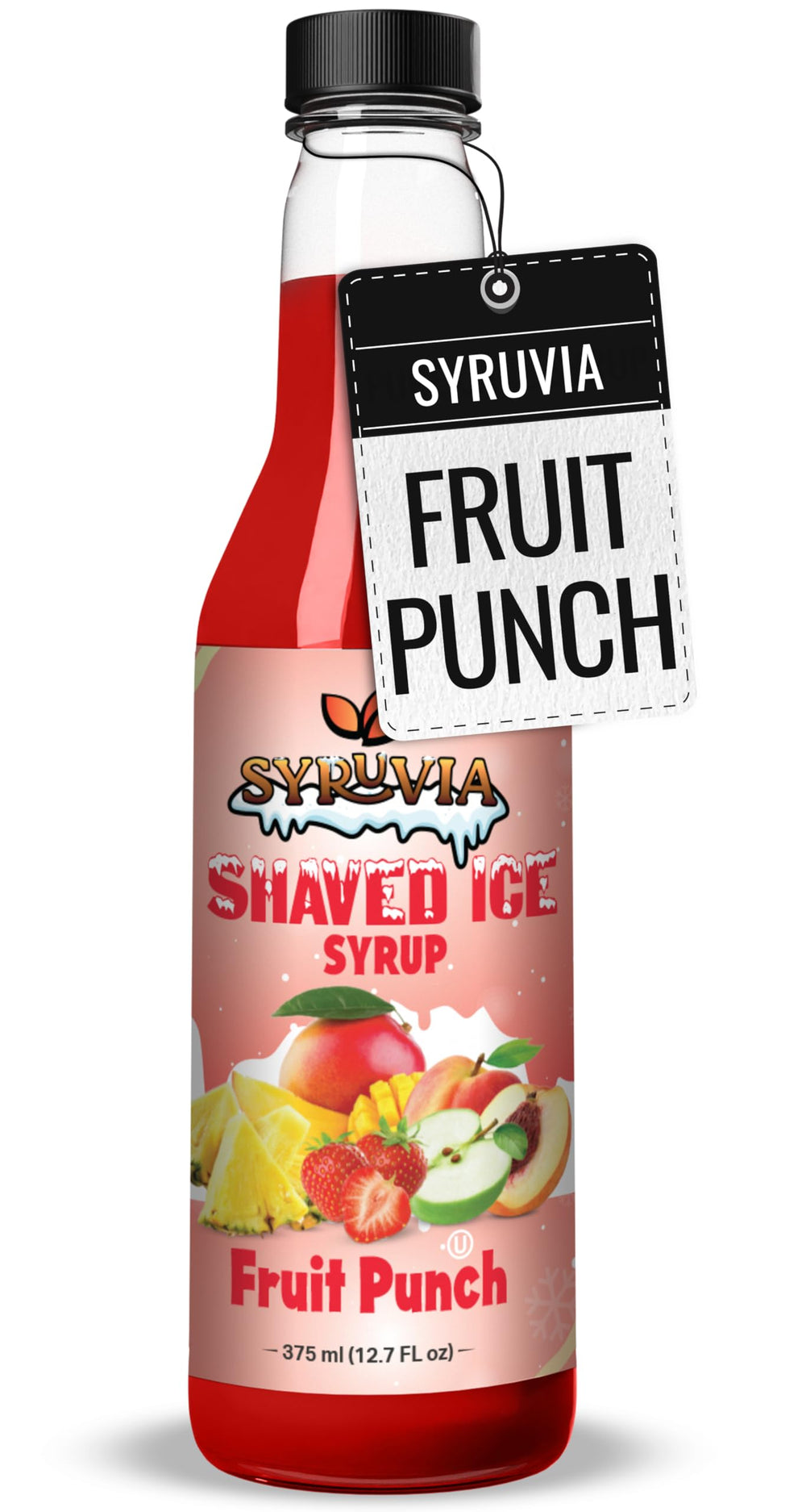 SYRUVIA front bottle view showing vibrant fruit punch flavor and easy-pour cap