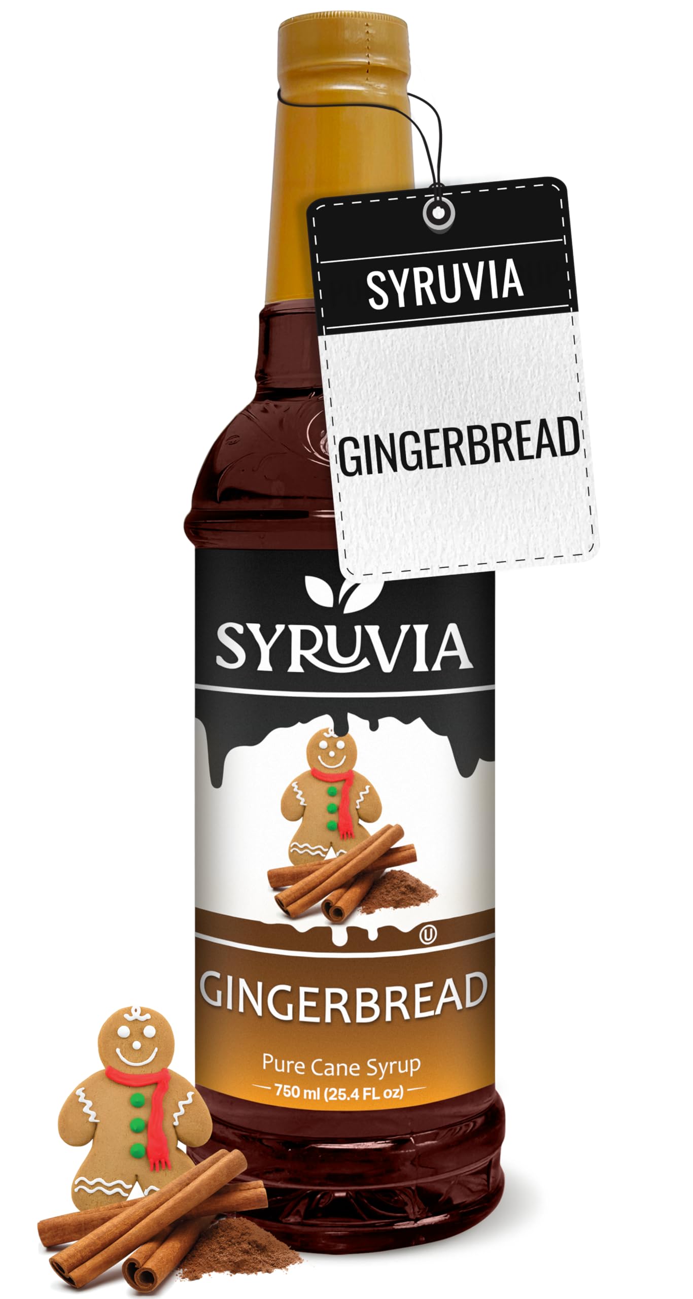 SYRUVIA front label showing gingerbread flavor and 25.4 fl oz size, clear branding benefit