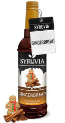 SYRUVIA front label showing gingerbread flavor and 25.4 fl oz size, clear branding benefit