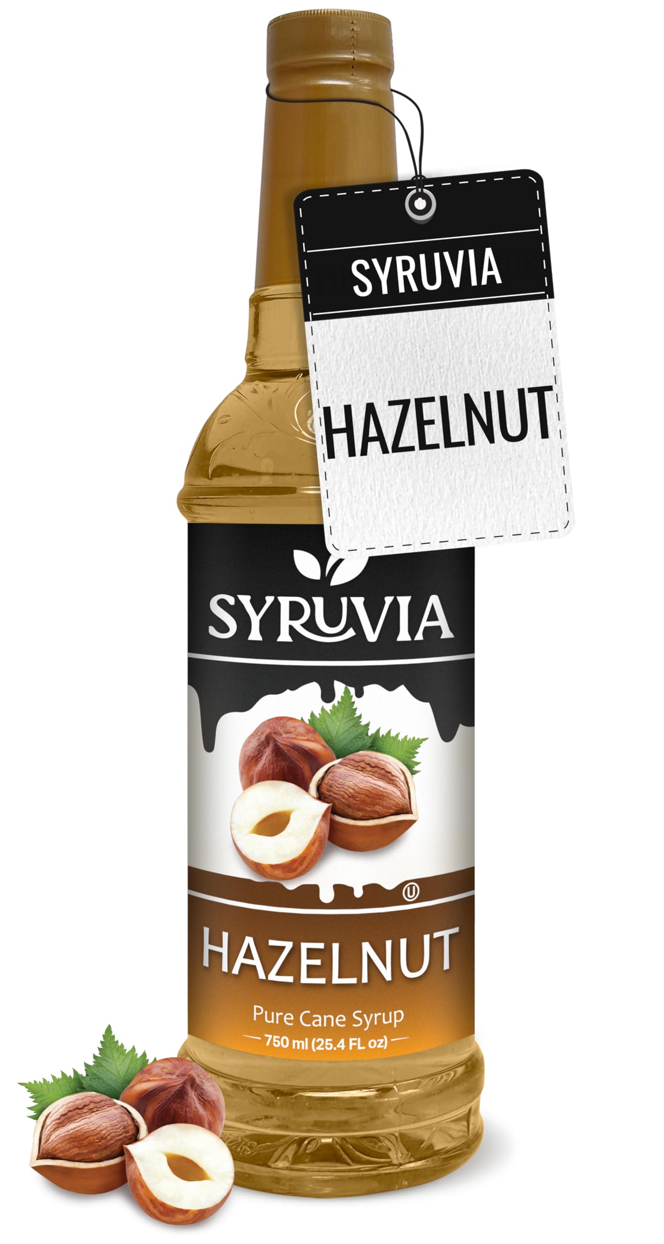 Syruvia bottle front showing hazelnut syrup and easy-pour cap for convenience