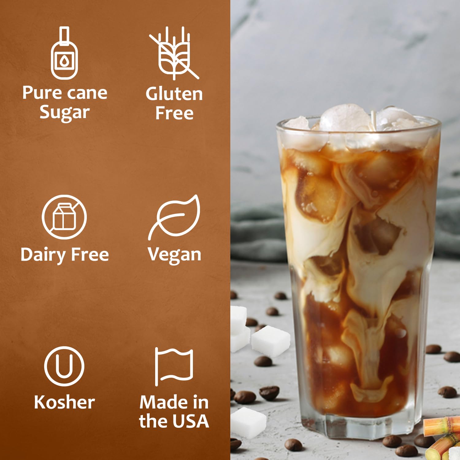 SYRUVIA poured into iced coffee in glass, enhances cold beverages and taste