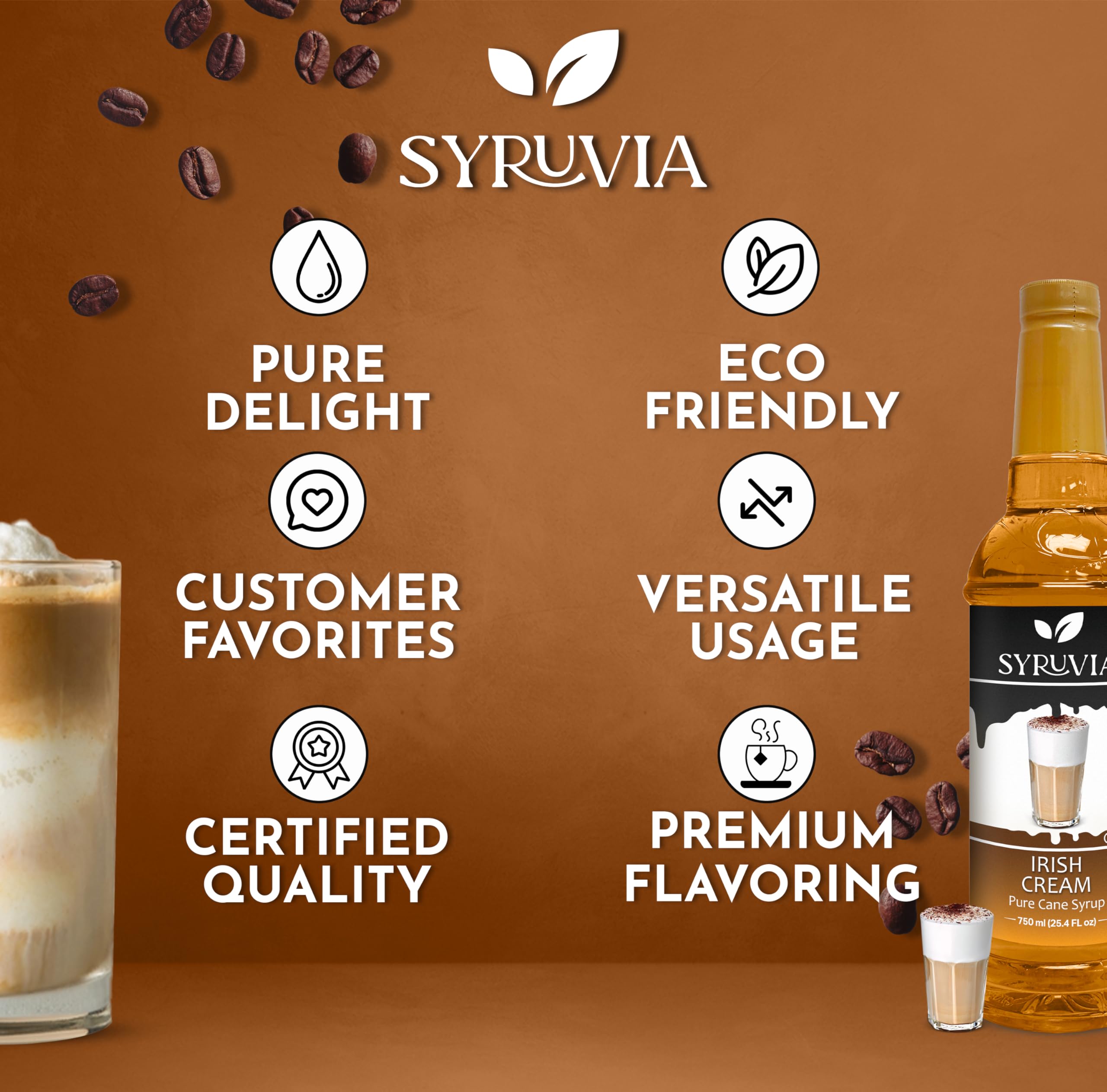 SYRUVIA bottle next to a measuring spoon to show 25.4 fl oz size and serving control