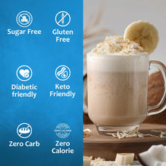 SYRUVIA bottle beside coffee cup showing enhanced banana coffee flavor benefit