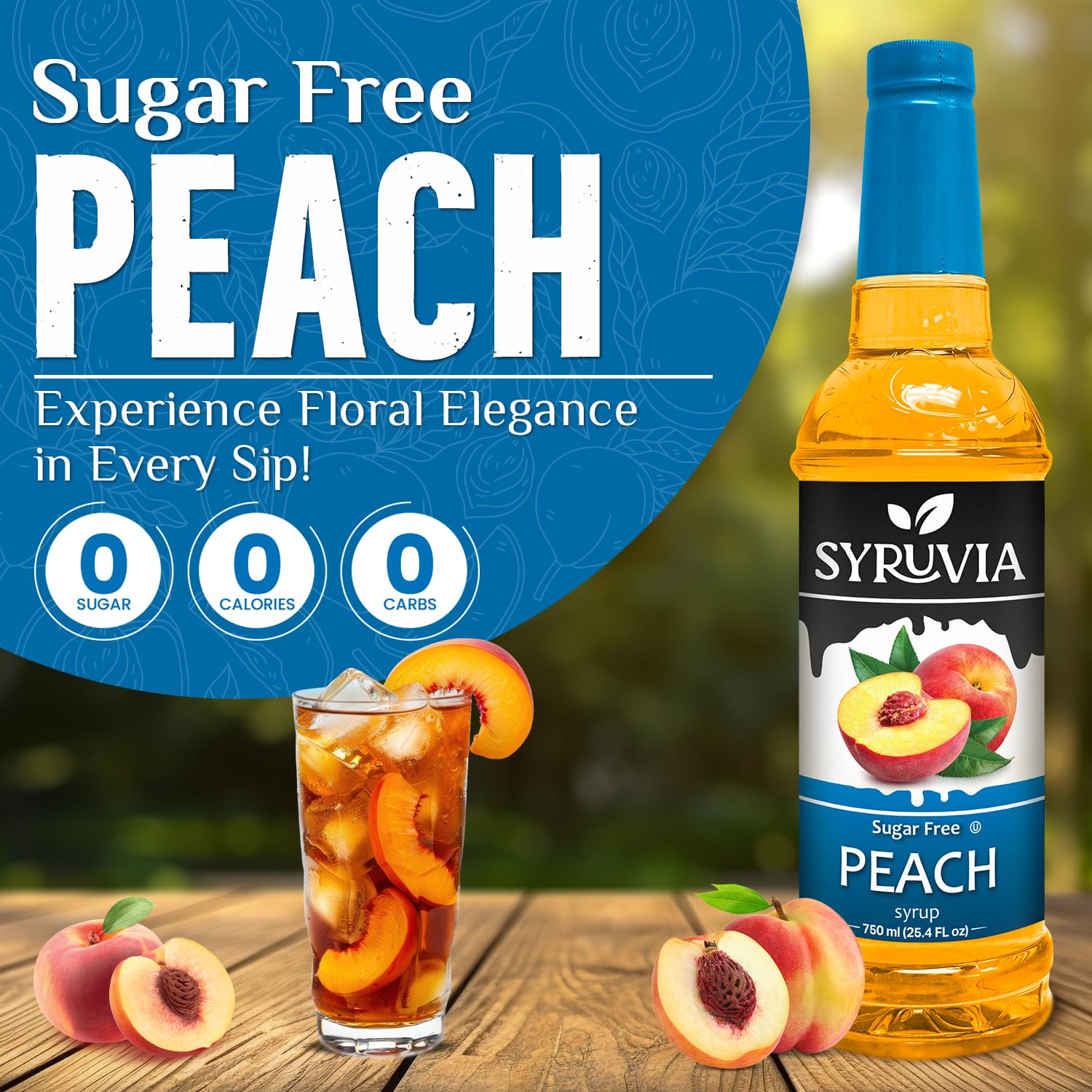 SYRUVIA bottle close-up label highlighting peach flavor and sugar-free benefit