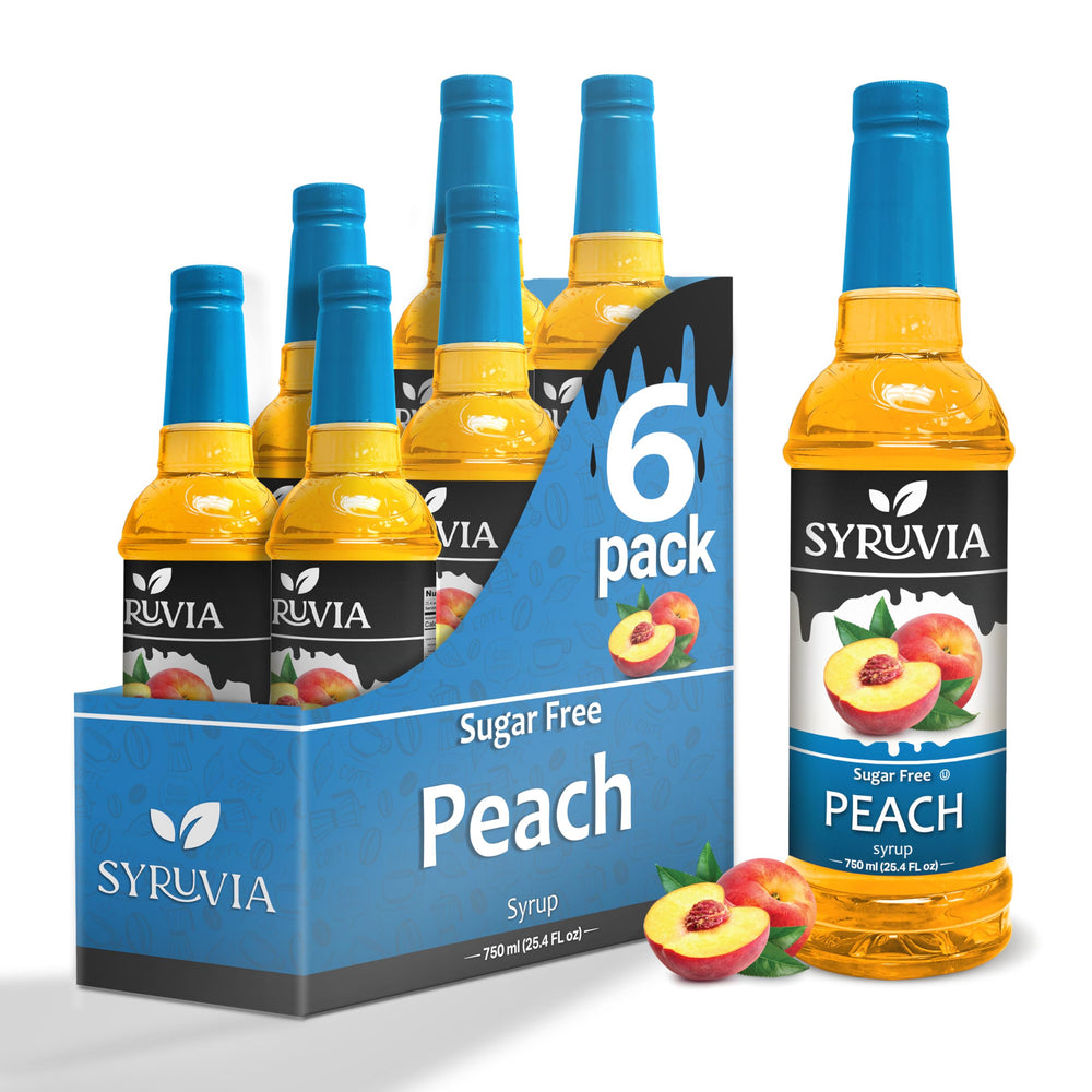SYRUVIA front packaging showing six peach syrup bottles for bulk service
