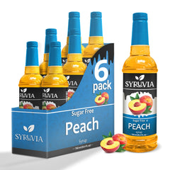 SYRUVIA front packaging showing six peach syrup bottles for bulk service