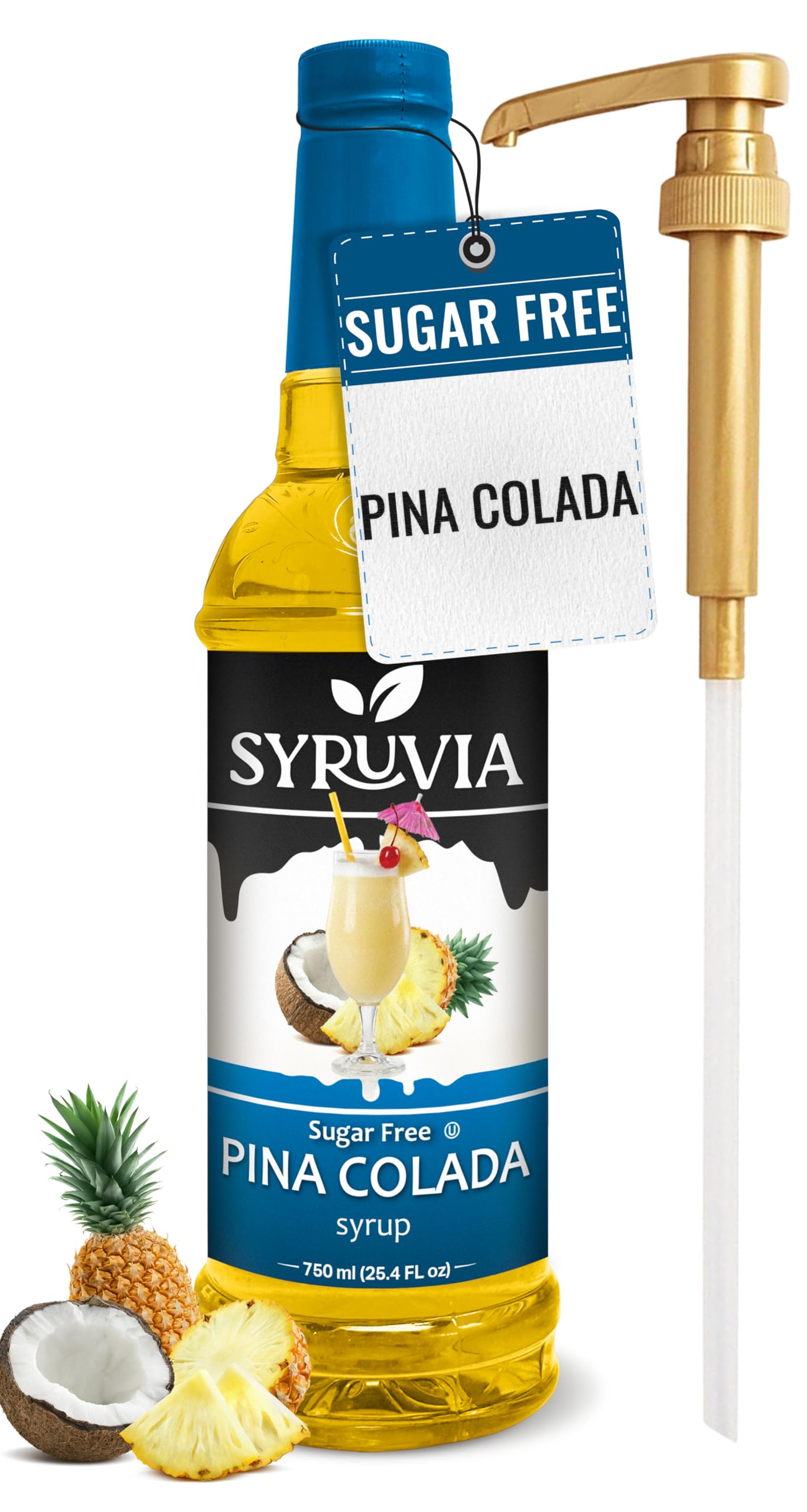 SYRUVIA bottle front label showing pina colada flavor and pump for easy serving