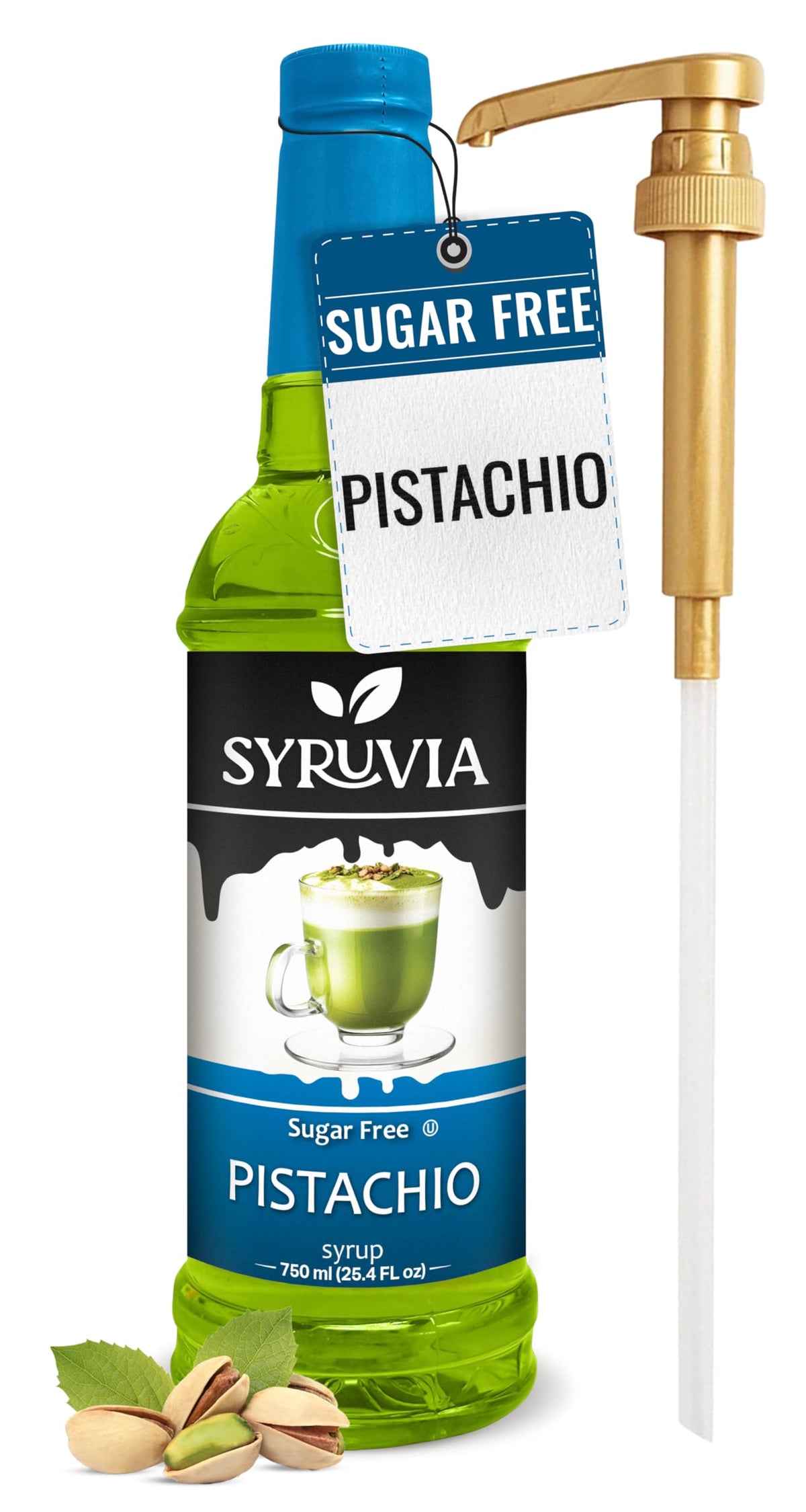 SYRUVIA front bottle view showing pistachio syrup for easy identification and shelf appeal