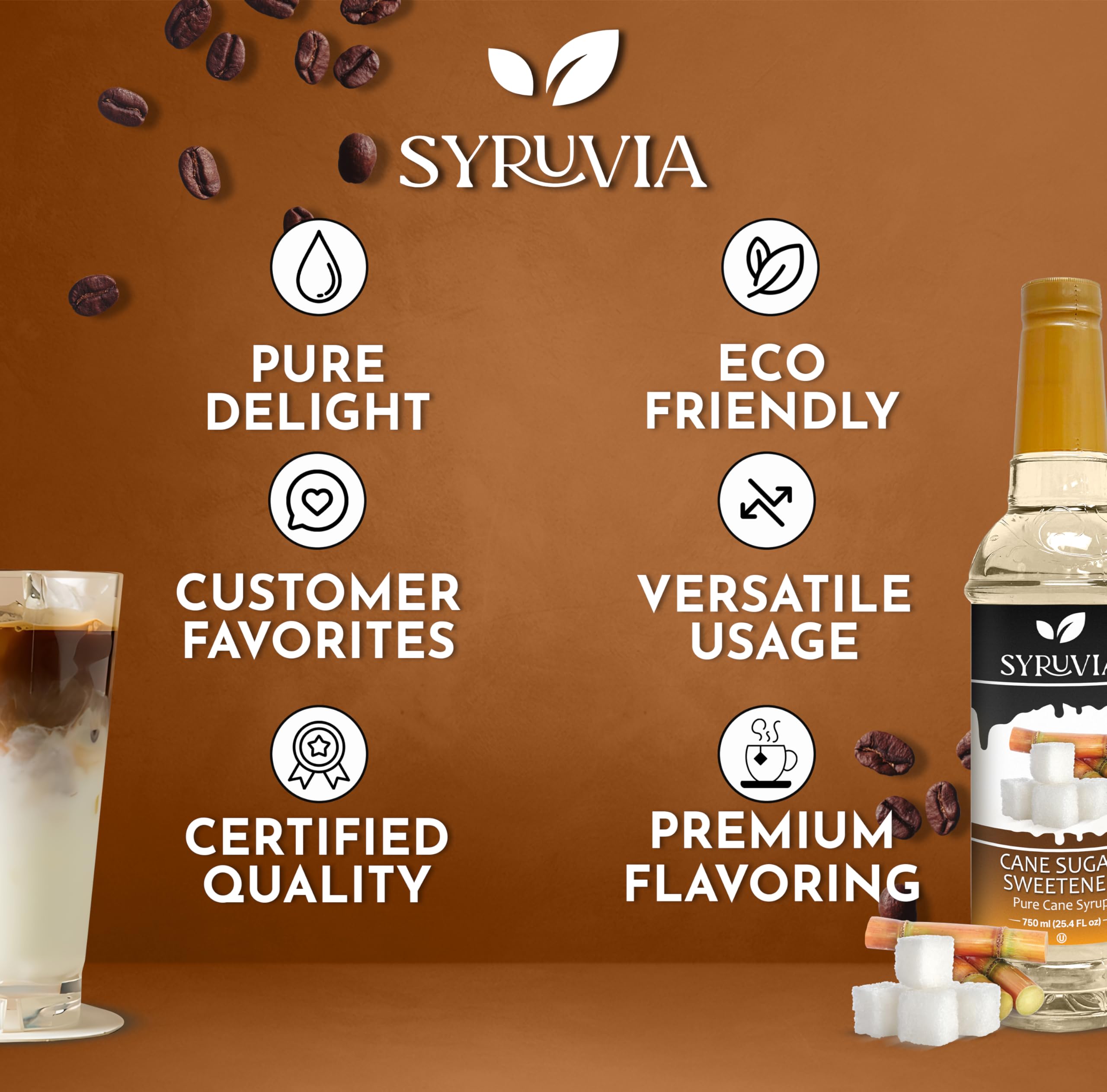SYRUVIA being added to latte during preparation, improves flavor consistency