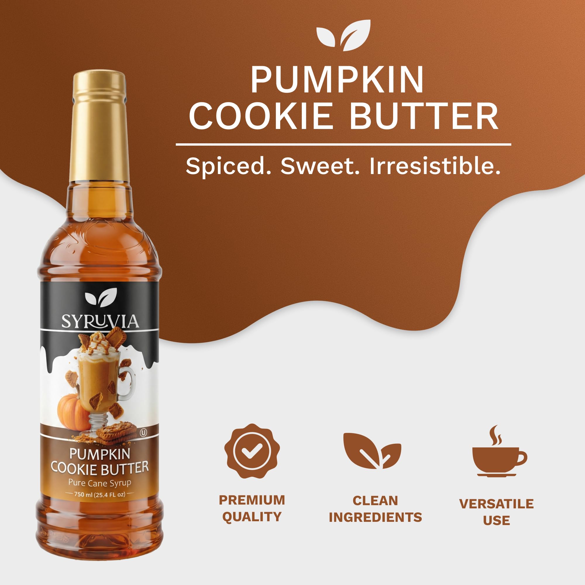 SYRUVIA label close-up highlighting pumpkin cookie butter notes and Kosher badge — trusted quality