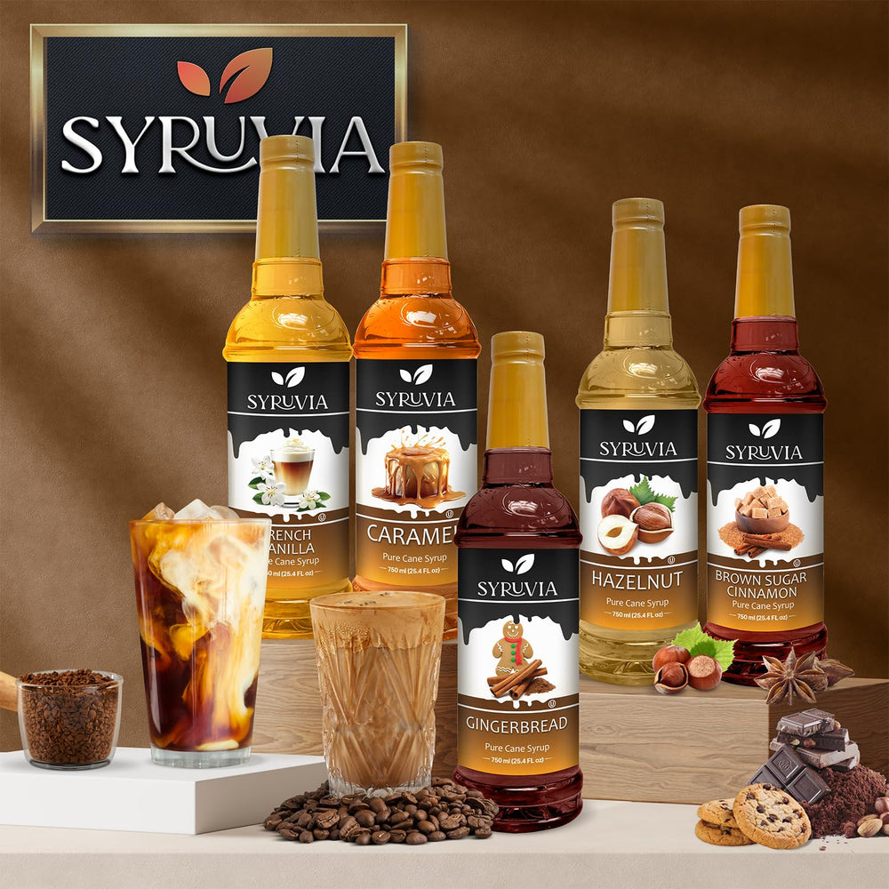 SYRUVIA bottle next to coffee mug showing 25.4 fl oz size and portioning