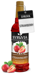 SYRUVIA front bottle shot showing clear strawberry syrup and label benefit