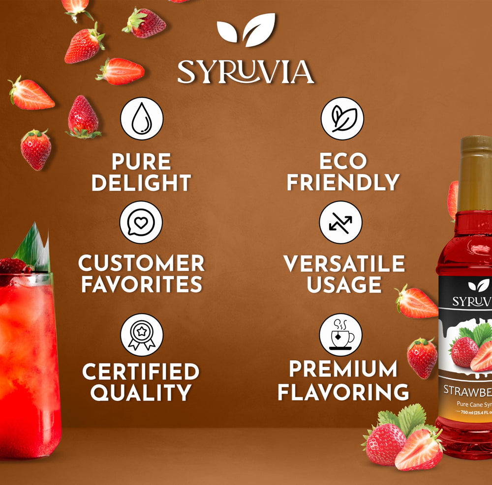 SYRUVIA bottle beside measurement tools showing 25.4 fl oz scale benefit