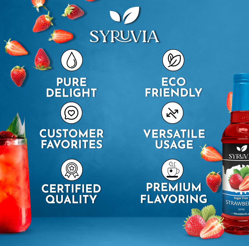 SYRUVIA syrup poured over dessert showing easy topping and flavor enhancement