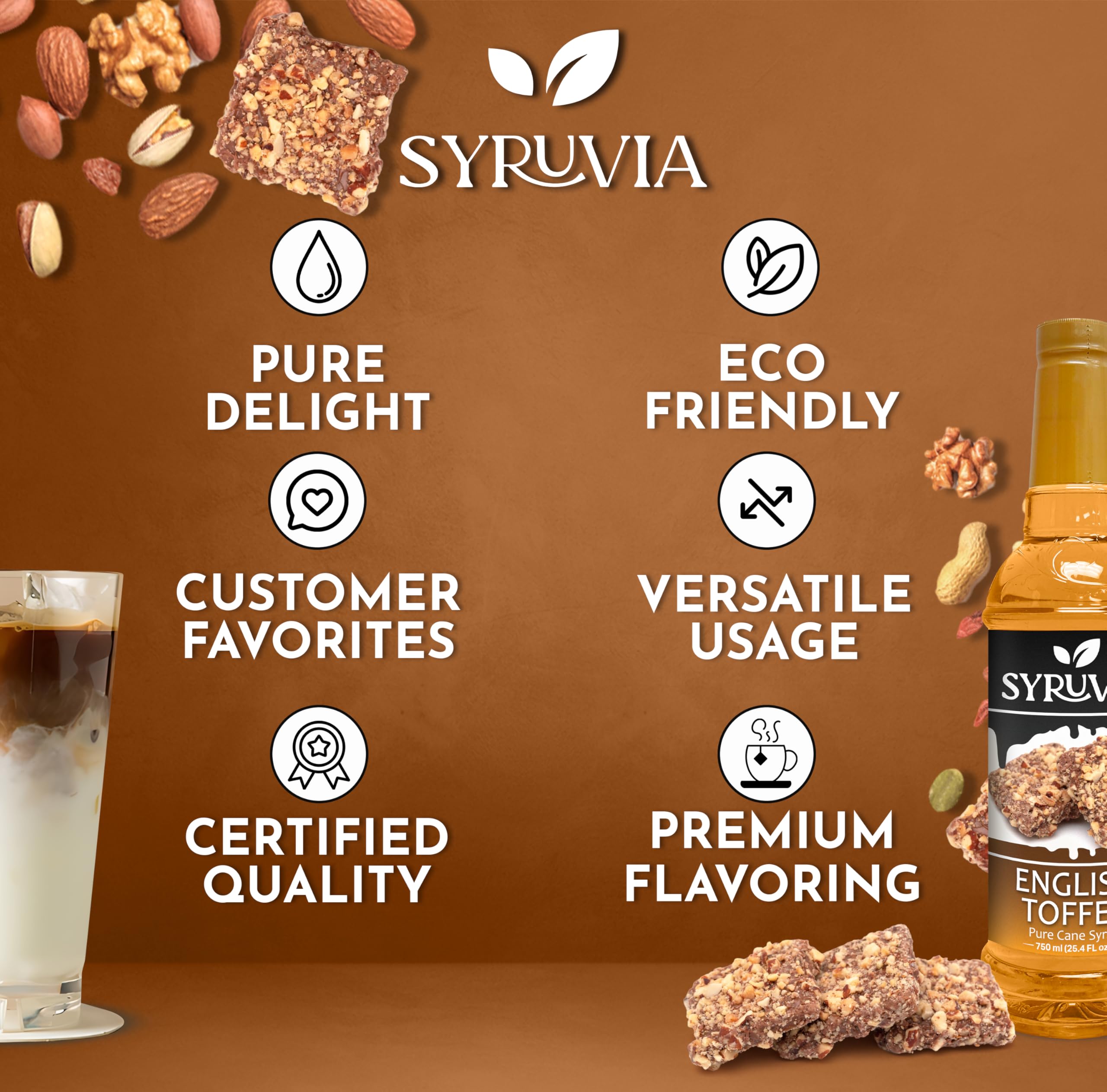 SYRUVIA syrup drizzle on dessert showing smooth caramel-like finish benefit