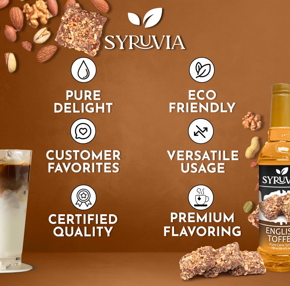 SYRUVIA syrup drizzle on dessert showing smooth caramel-like finish benefit