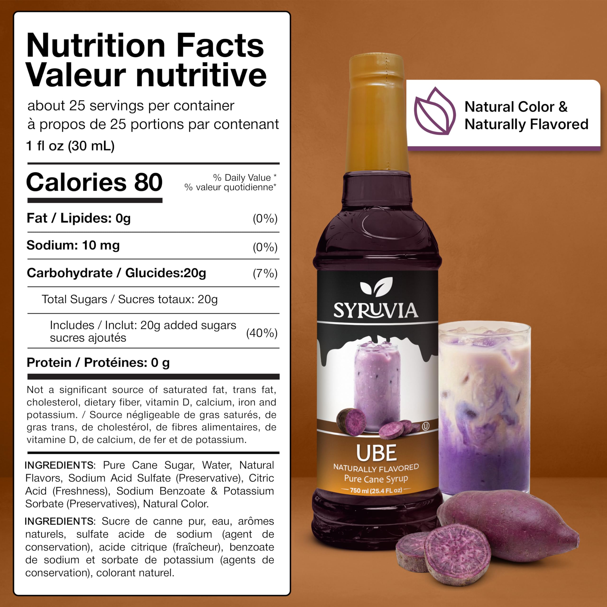 SYRUVIA syrup stirred into lemonade demonstrating bright purple tint and flavor boost