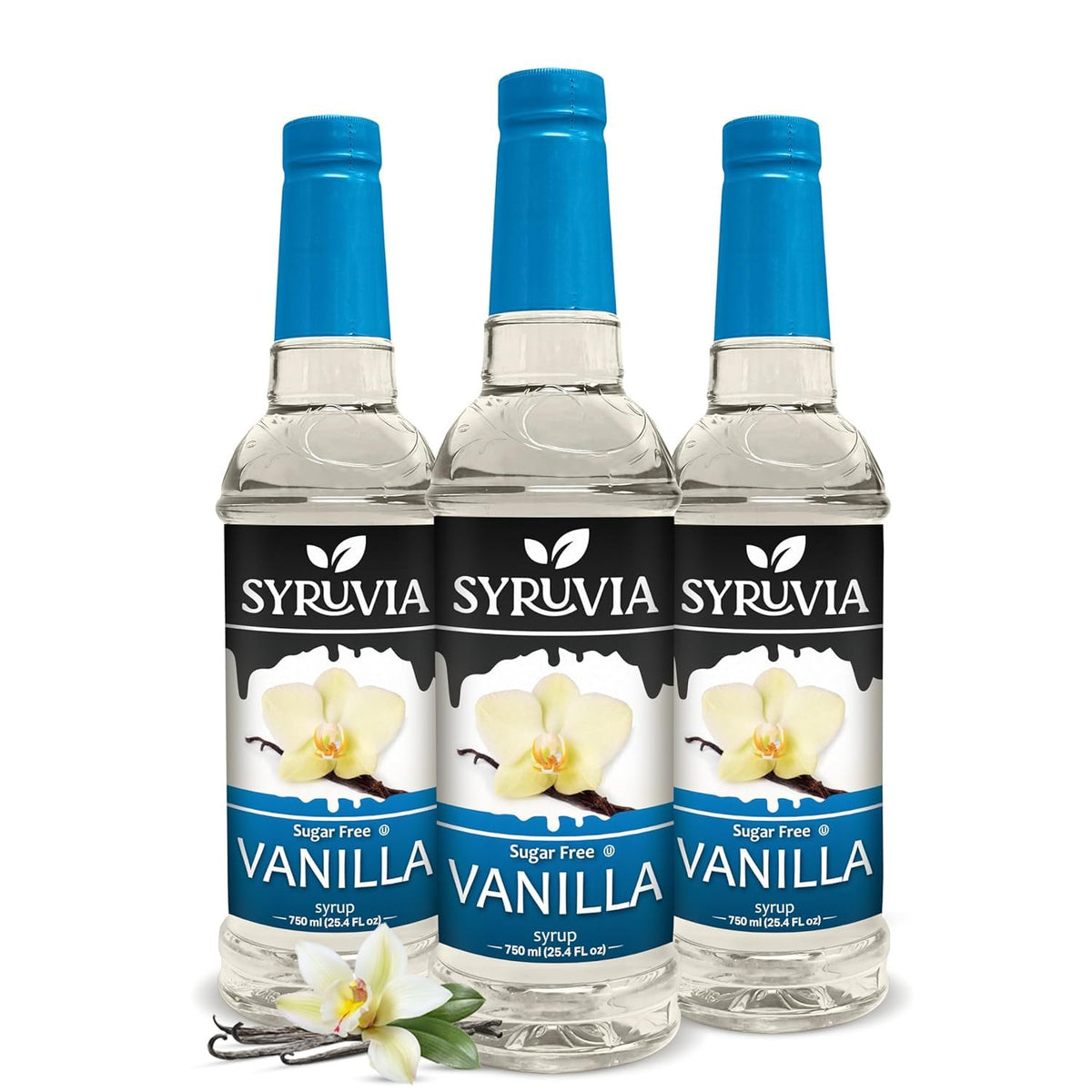 SYRUVIA bottle front label showing vanilla flavor and size, clear product identity benefit