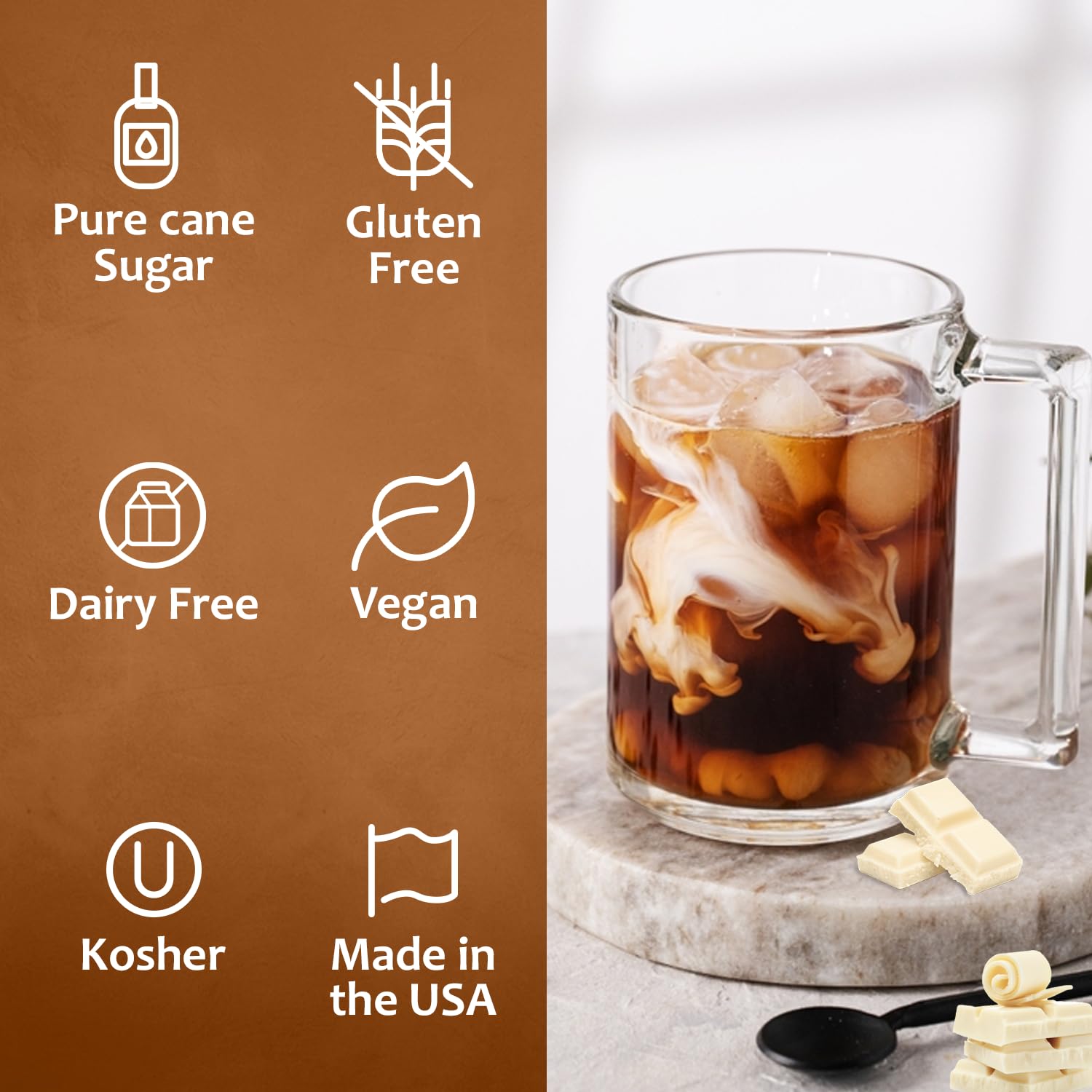 SYRUVIA added to a latte in-use demonstrating easy flavoring and cafe-style presentation at home