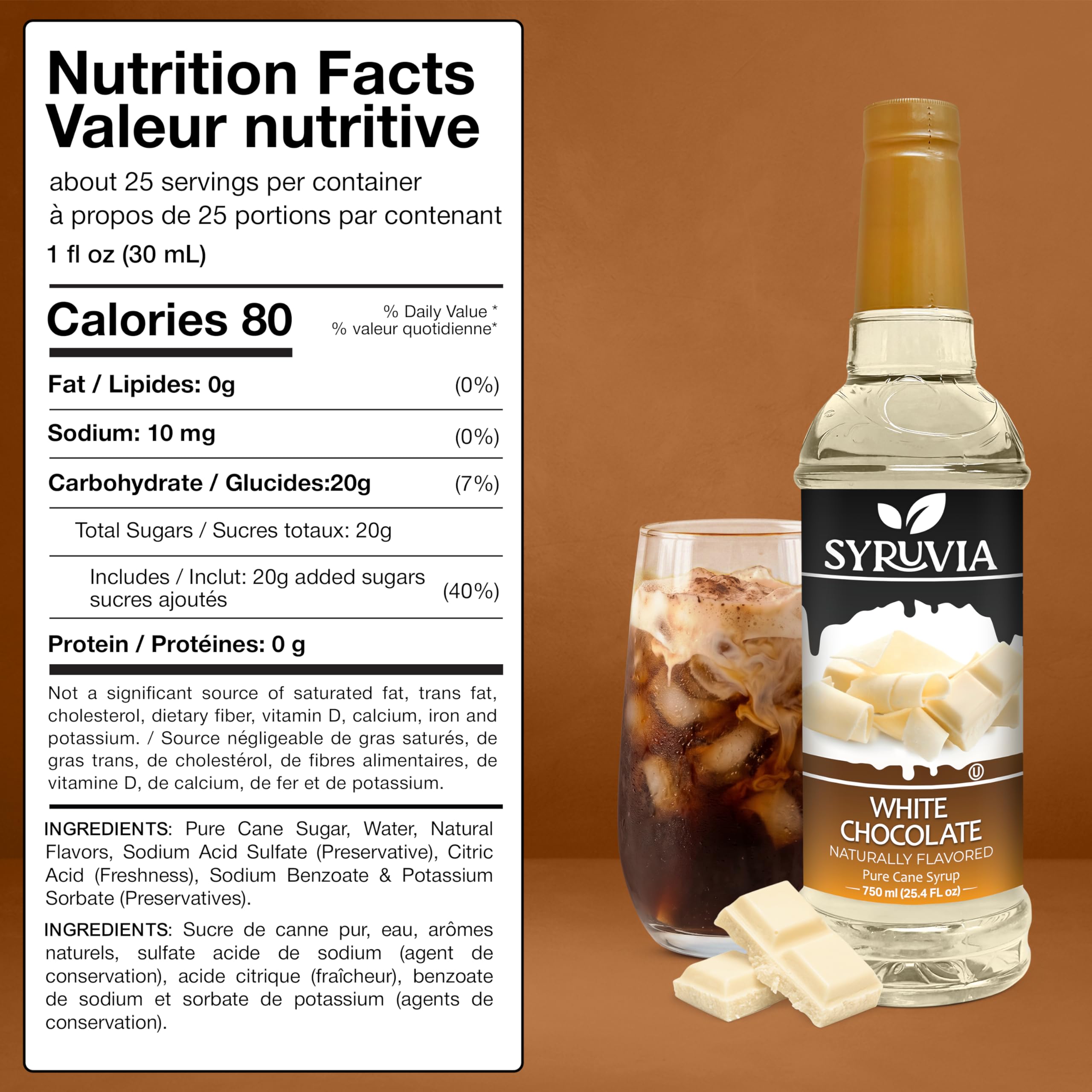 SYRUVIA syrup pouring to show smooth texture and creamy white chocolate mouthfeel benefit