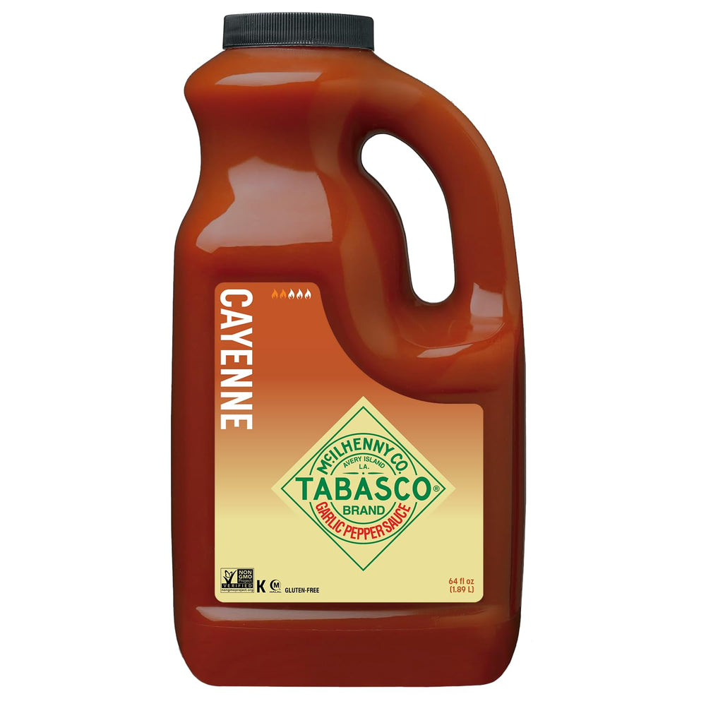 TABASCO front label on 64 oz jug showing brand and product name, clear info benefit