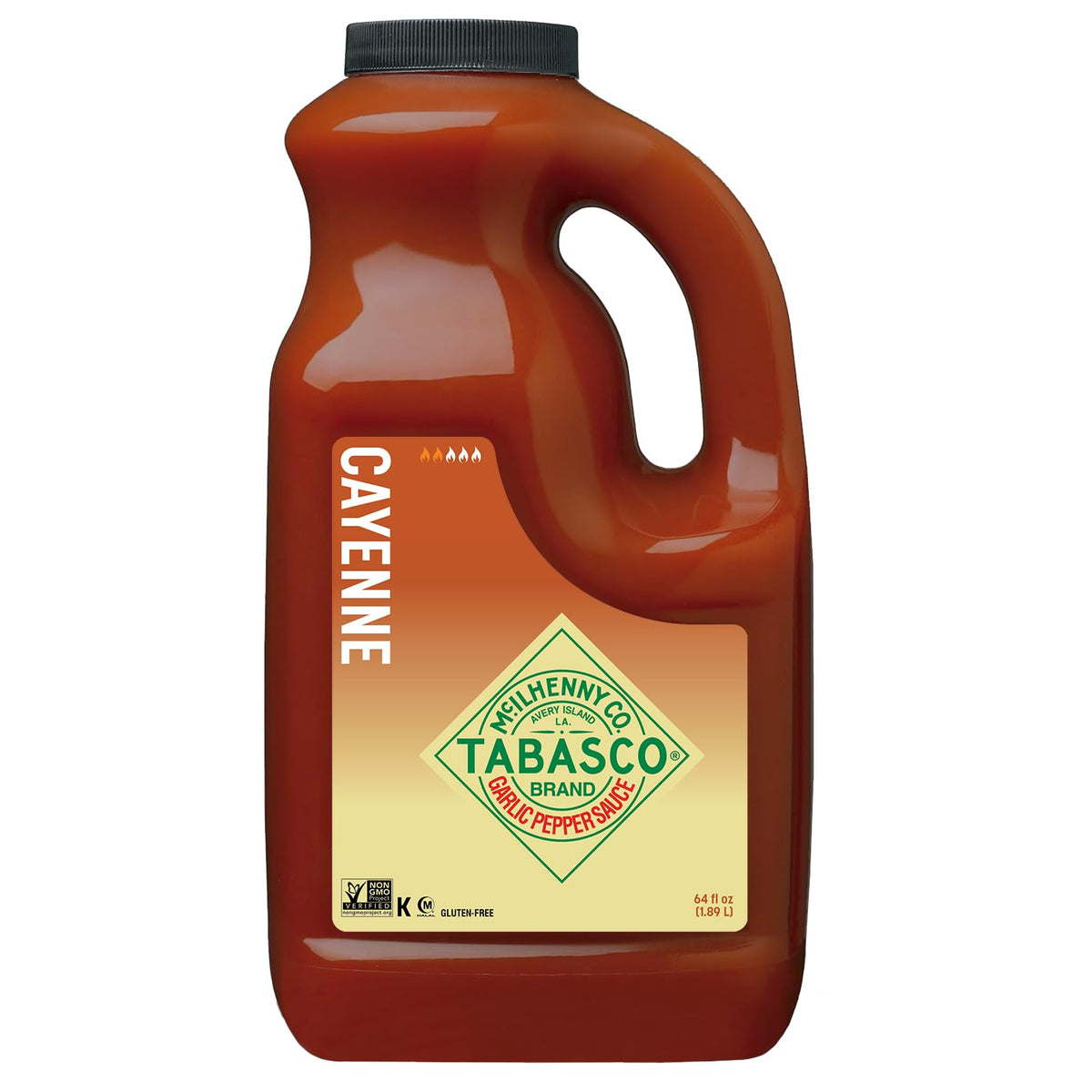 TABASCO front label on 64 oz jug showing brand and product name, clear info benefit