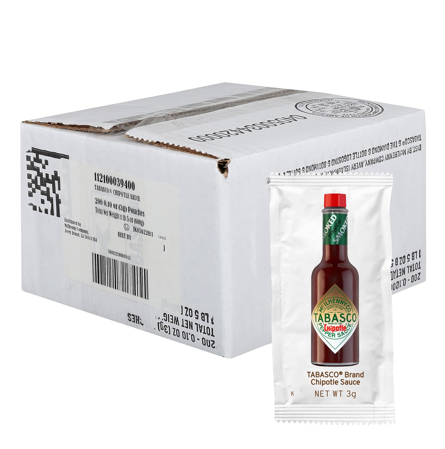 TABASCO packet front view showing brand and smoky chipotle convenience