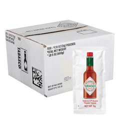 TABASCO front of 200-pack box showing single-serve packets and brand visibility for easy stocking