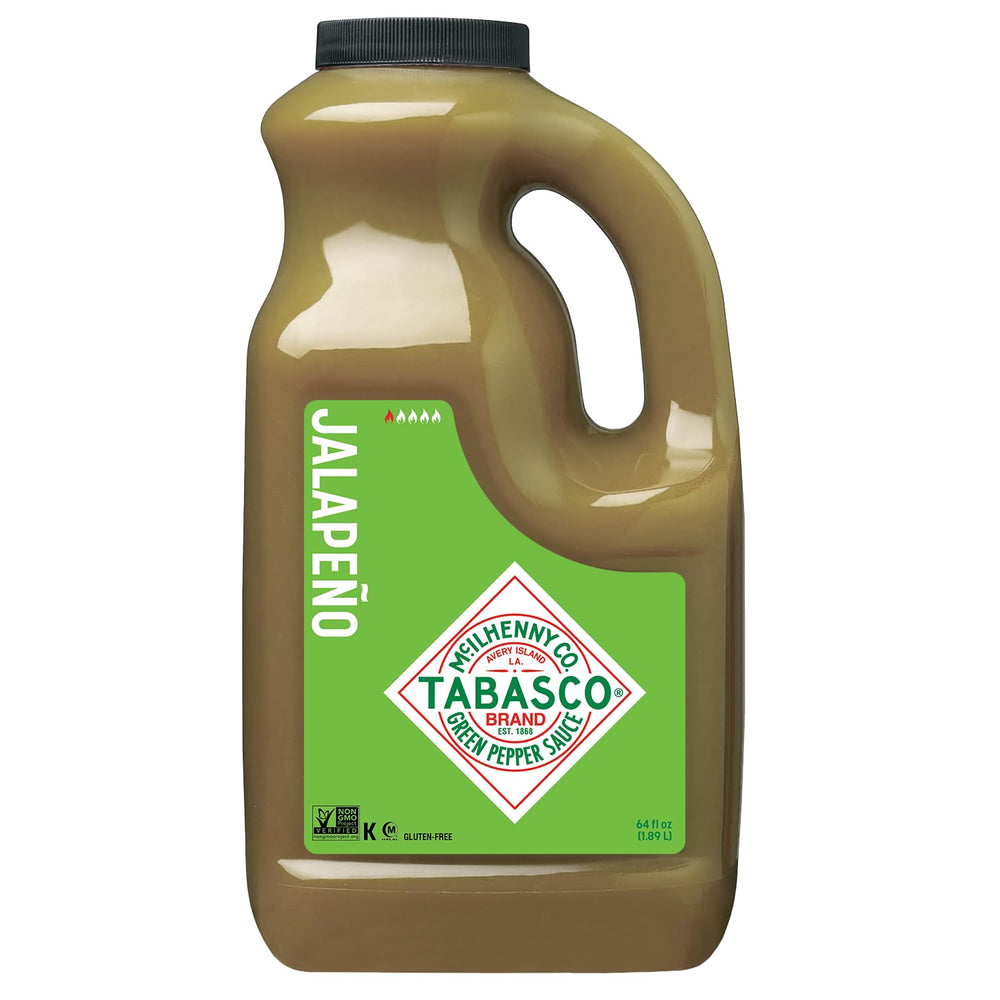 TABASCO green jalapeno 64oz jug front view showing label and bottle for bulk use