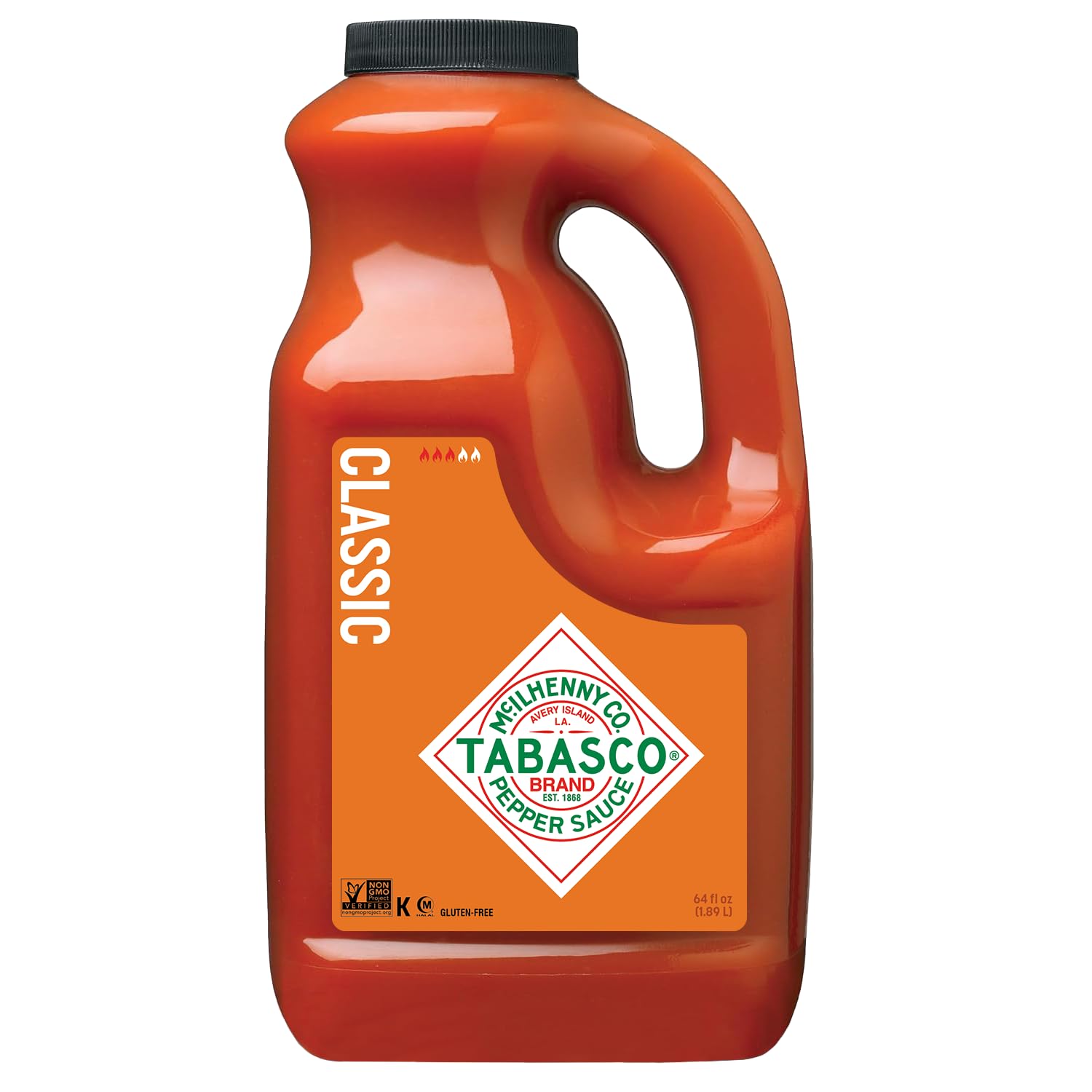 TABASCO 64 oz jug front label showing brand and capacity for bulk use