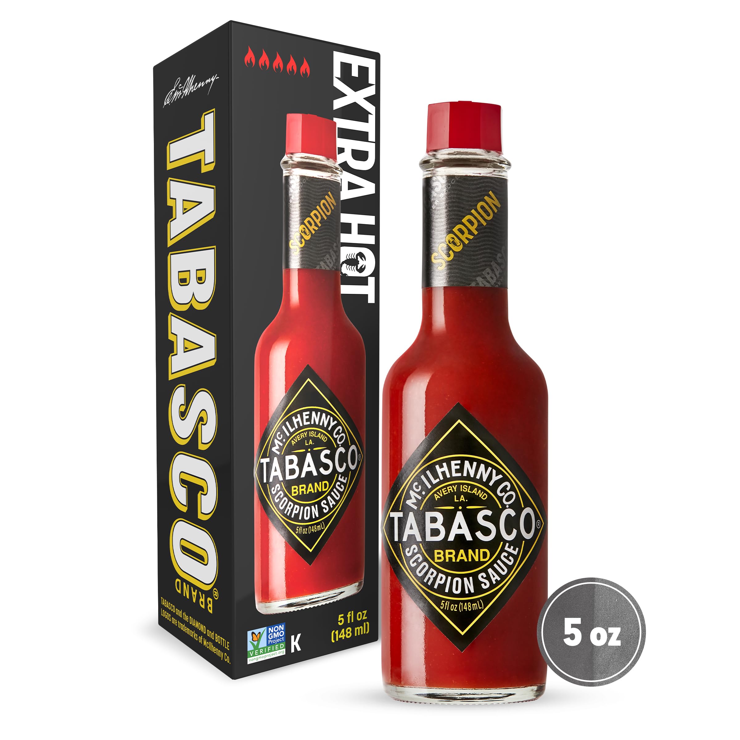 TABASCO scorpion closeup label highlighting pepper and tropical fruit flavor hints