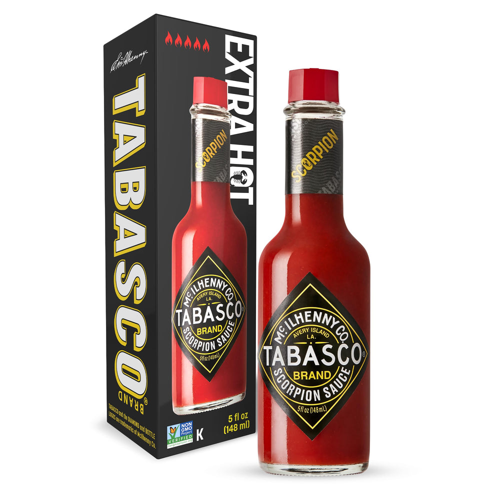 TABASCO scorpion front bottle showing label and glass bottle for clear product view