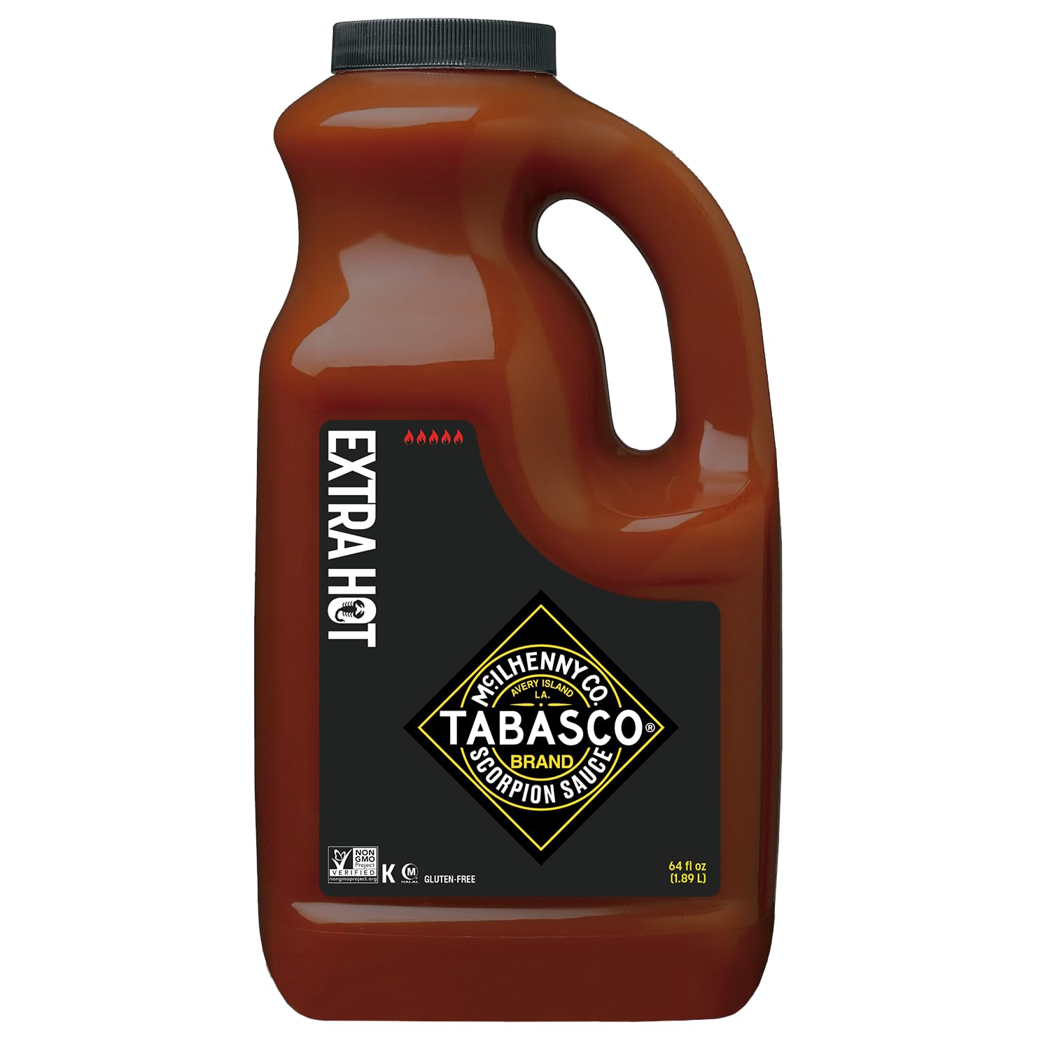 TABASCO scorpion front jug showing 64 oz bulk packaging and easy-pour cap benefit