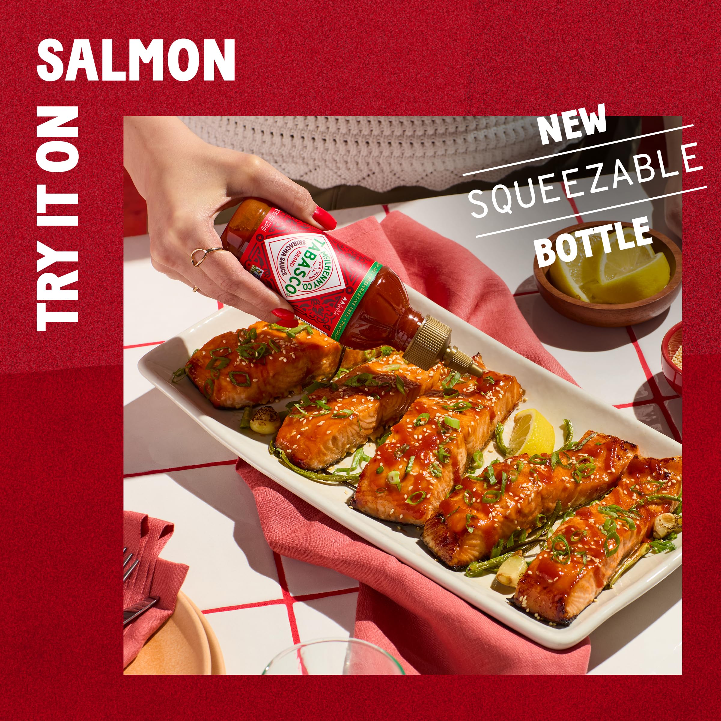 TABASCO sriracha packets on a tray beside tacos showing ready-to-serve benefit