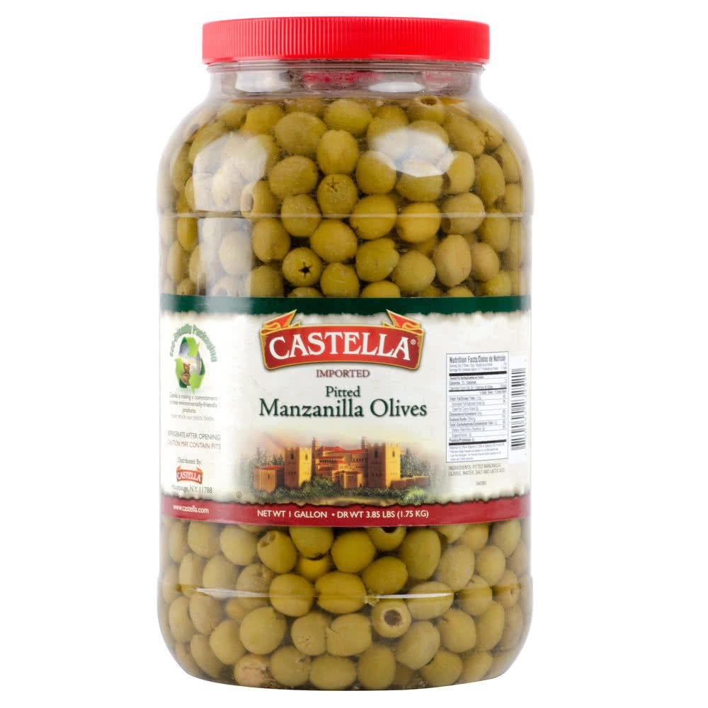 TableTop King jar front view showing one-gallon olives and easy-pour lid for convenience