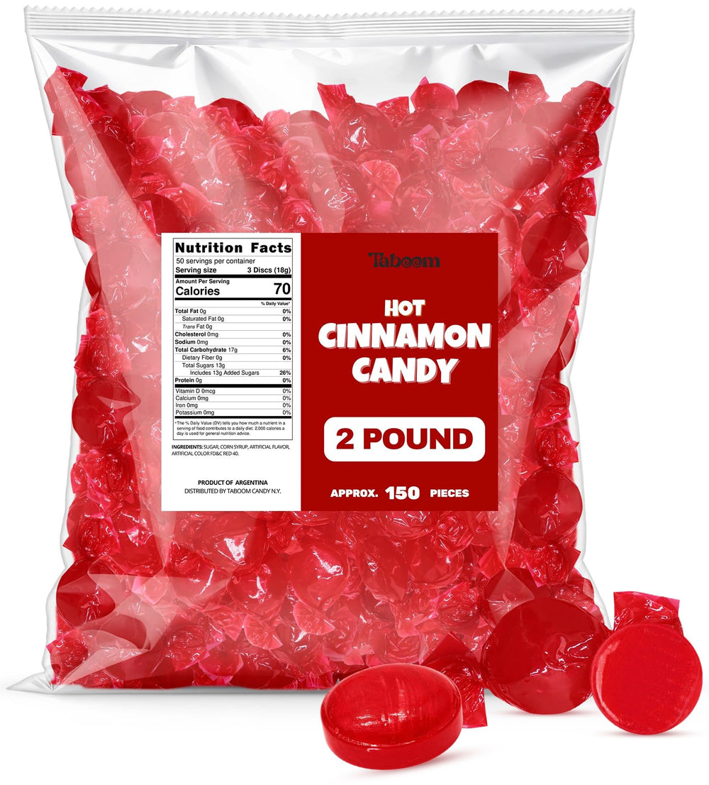Taboom front packaging showing 2 lb bag and cinnamon candy benefits