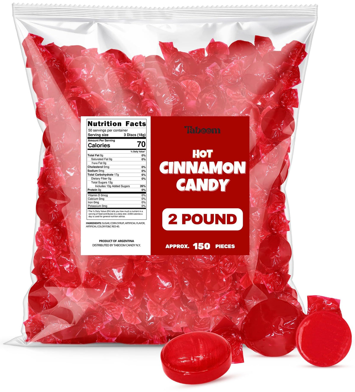 Taboom front packaging showing 2 lb bag and cinnamon candy benefits