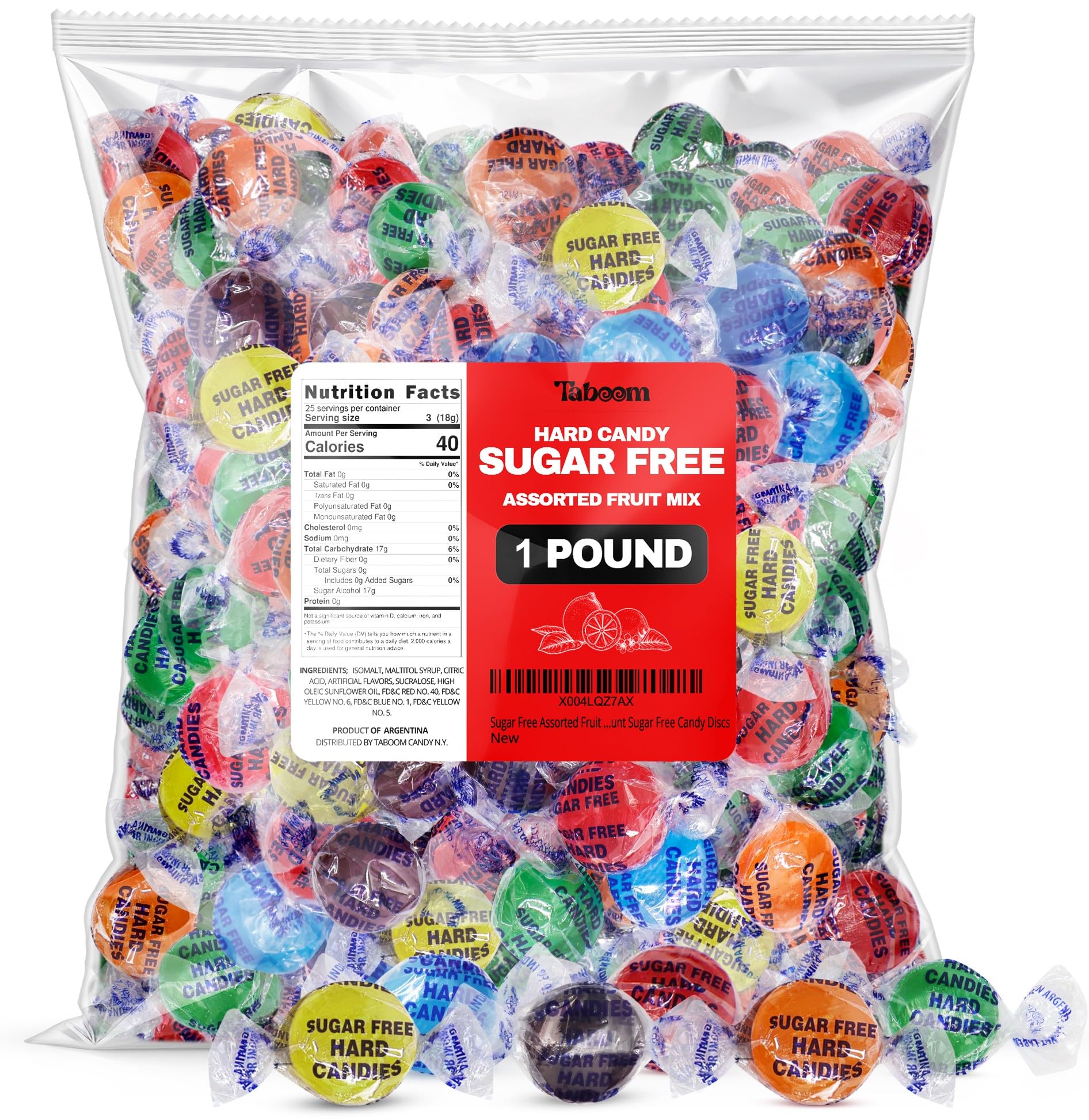 Taboom front packaging showing 1 pound bag and colorful wrappers benefits freshness