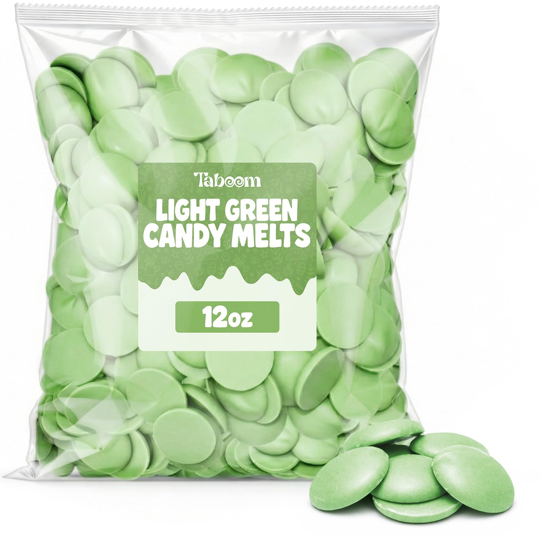 Taboom light green candy melts front packaging showing smooth glossy coating